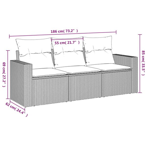 vidaXL Градински комплект с възглавници, 3 части, сив, полиратан