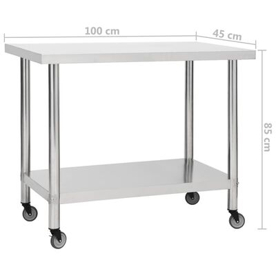 vidaXL Кухненска работна маса с колелца, 100x45x85 см, инокс