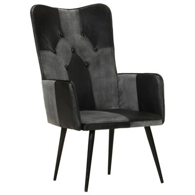 vidaXL Wingback стол, черно и сиво, естествена кожа