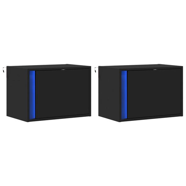 vidaXL Нощни шкафчета за стена с LED осветление, 2 бр, черни
