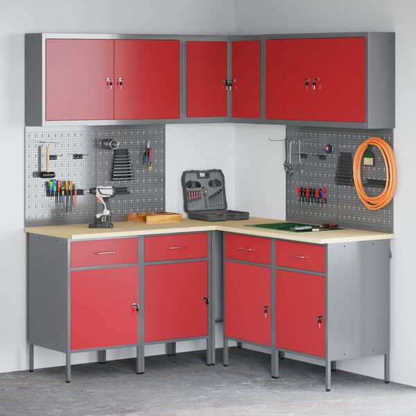 vidaXL Комплект работни шкафове с чекмедже с рафт 12 pcs Червен и сив