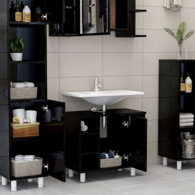 vidaXL Шкаф за баня, черен гланц, 60x32x53,5 см, ПДЧ