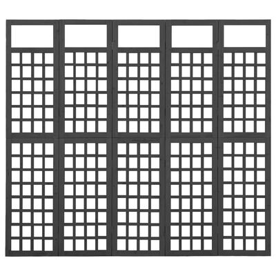 vidaXL Параван за стая, 5 панела, масивна ела, черен, 201,5x180 см