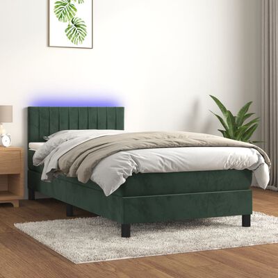 vidaXL Боксспринг легло с матрак и LED, тъмнозелено, 100x200см, кадифе