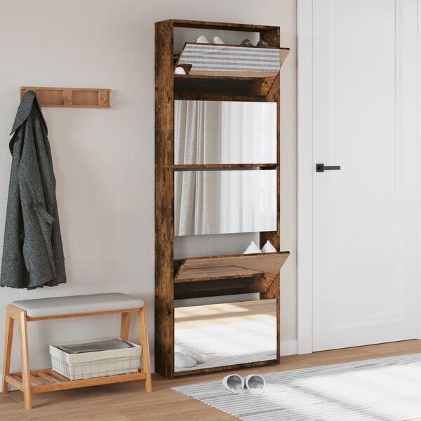 vidaXL Шкаф за обувки с огледало, 5 нива, опушен дъб, 63x17x169,5 см