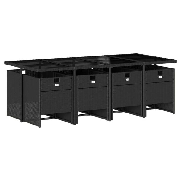 vidaXL Градински трапезен комплект възглавници 9 части черен полиратан