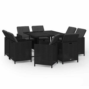 vidaXL Градински трапезен комплект възглавници 9 части полиратан черен