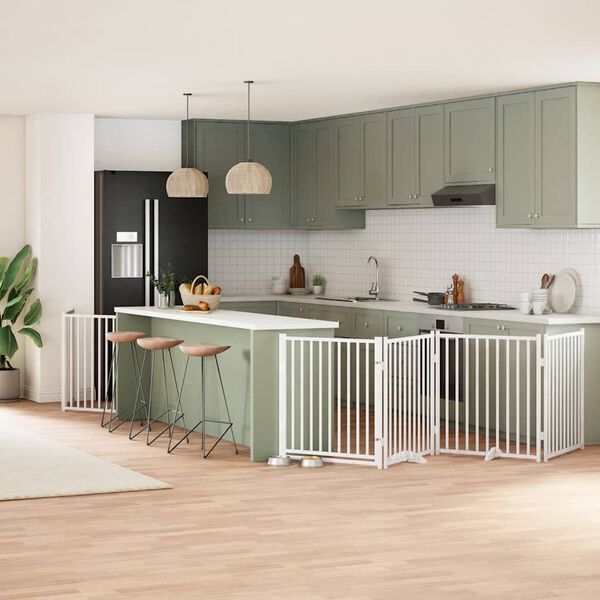 vidaXL Сгъваема преграда за кучета с врата 6 панела бял 480 см топола