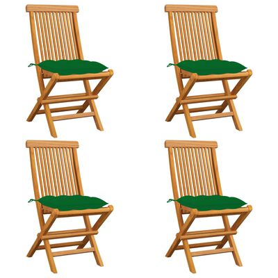 vidaXL Градински столове със зелени възглавници 4 бр тик масив