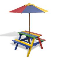 vidaXL Детска пикник маса с пейки и чадър, многоцветна, дърво