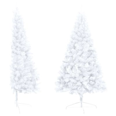 vidaXL Изкуствена светеща половин коледна елха със стойка бяла 150 см