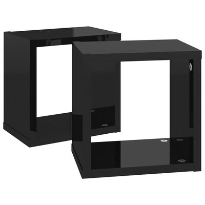 vidaXL Стенни кубични рафтове, 2 бр, черен гланц, 22x15x22 см
