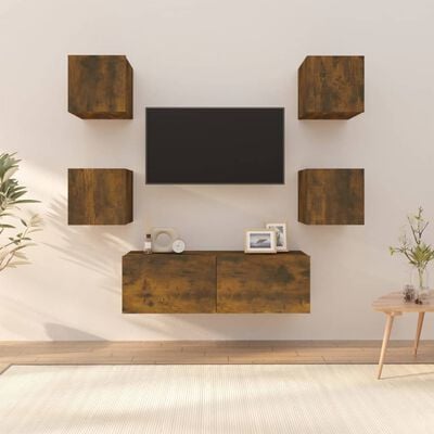 vidaXL Комплект ТВ шкафове за стенен монтаж oпушен дъб инженерно дърво
