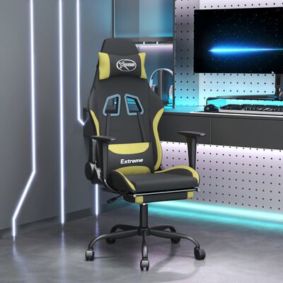 vidaXL Гейминг стол с опора за крака, черно и светлозелено, плат