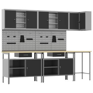 vidaXL Комплект работни шкафове с чекмедже с рафт 10 pcs Черен и Сив