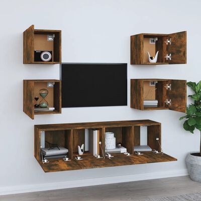 vidaXL Комплект ТВ шкафове от 6 части, опушен дъб, инженерно дърво