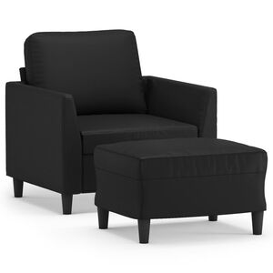 vidaXL Кресло с табуретка, черно, 60 см, изкуствена кожа