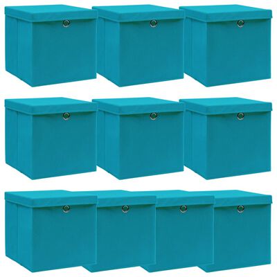 vidaXL Кутии за съхранение с капак 10 бр бебешко сини 32x32x32 см плат