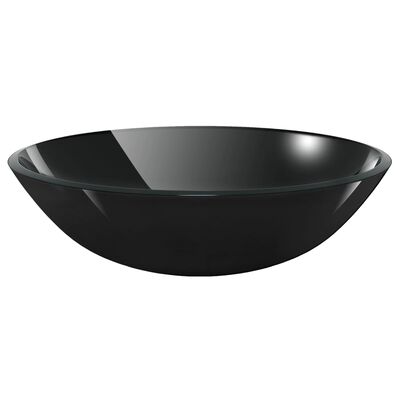 vidaXL Мивка за баня с кранче и сифон, черно закалено стъкло