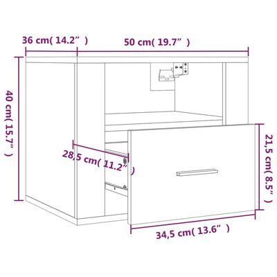 vidaXL Нощно шкафче за стенен монтаж, сонома дъб, 50x36x40 см