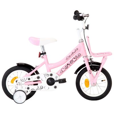 vidaXL Детски велосипед с преден багажник, 12 цола, бяло и розово