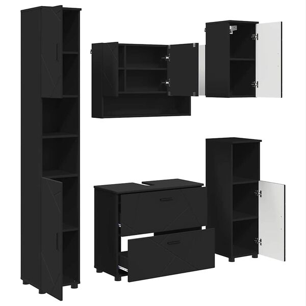 vidaXL Комплект мебели за баня 5 pcs Черно Конструирано дърво и метал.