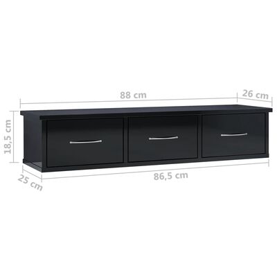 vidaXL Стенен рафт с чекмеджета, черен силен гланц, 88x26x18,5 см, ПДЧ