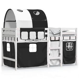 vidaXL Детско високо легло с тунел, бяло и черно, 90x190 см, бор масив