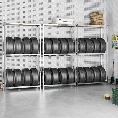 vidaXL Стелажи за гуми с 2 рафта 3 бр сребристи 110x40x180 см стомана