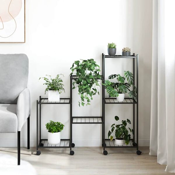 vidaXL Стойка за цветя на колела 83x25x83,5 см черна желязо