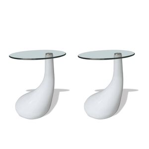 vidaXL Маса за кафе с кръгъл стъклен плот, силен гланц, бяла, 2 бр