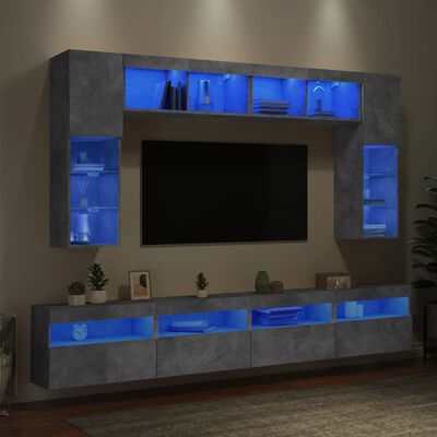 vidaXL ТВ стенни шкафове, 8 части, с LED светлини, бетонно сиви
