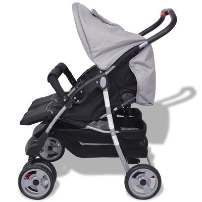 vidaXL Бебешка количка за близнаци, стомана, сиво и черно