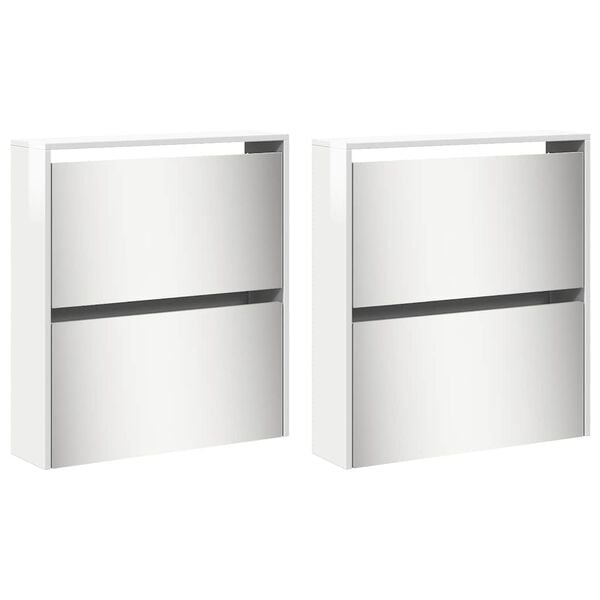 vidaXL Шкаф за обувки с огледало, 4 нива, бял гланц, 63x17x134 см