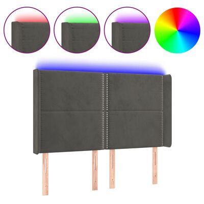 vidaXL LED горна табла за легло, тъмносива, 147x16x118/128 см, кадифе