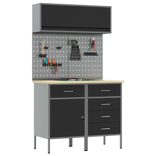 vidaXL Комплект работни шкафове с чекмедже с рафт 5 pcs Черно