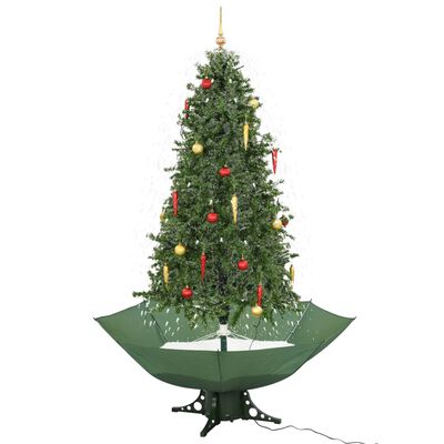 vidaXL Коледна елха с валящ сняг и основа от чадър, зелена, 190 см
