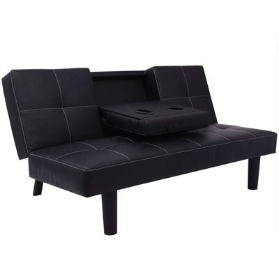 vidaXL Разтегателен диван с падаща масичка изкуствена кожа черен