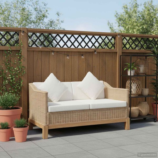 vidaXL 2-местен диван с възглавници, естествен ратан