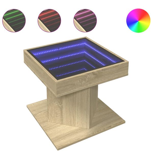 vidaXL Маса за кафе с LED, дъб сонома, 50x50x45 см, инженерно дърво