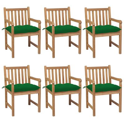 vidaXL Градински столове, 6 бр, зелени възглавници, тиково дърво масив