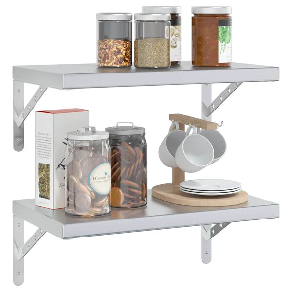 vidaXL Стенни рафтове 2 бр 50x30x3 см сребристи неръждаема стомана