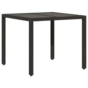 vidaXL Градинска маса със стъклен плот, черна, 90x90x75 см, полиратан