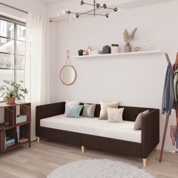 vidaXL Дневно легло с матрак, USB, тъмнокафяво, текстил, 90х200 см