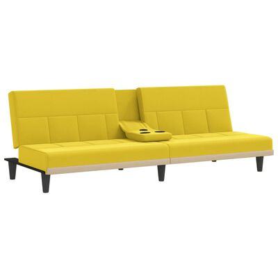 vidaXL Разтегателен диван с поставки за чаши, светложълт, плат