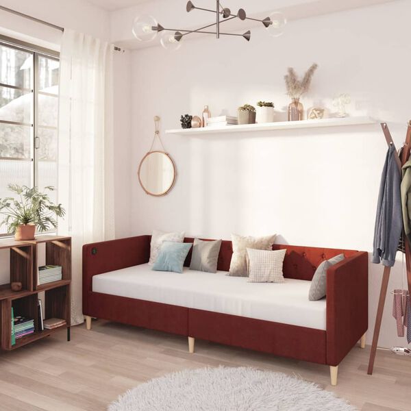 vidaXL Дневно легло с матрак, USB, виненочервено, текстил, 90x200 см