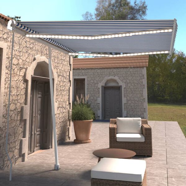 vidaXL Ръчно прибираща се тента с LED, 300x250 см, синьо и бяло