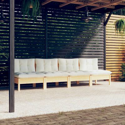 vidaXL 4-местен градински диван с кремави възглавници, бор масив