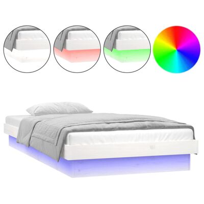 vidaXL LED Рамка за легло, бяла, 90x200 см, масивно дърво