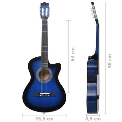 vidaXL Комплект уестърн класическа китара 12 части 6 струни синя 38"